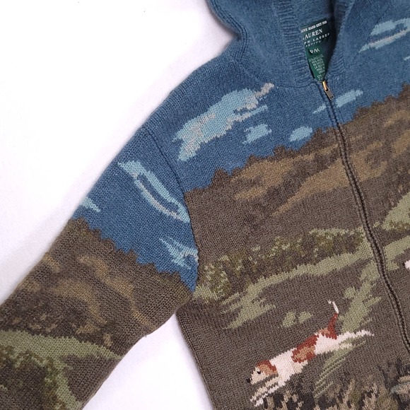 Lauren Ralph Lauren Womens P/M Wool Knit Full Zip Hoodie The Dog Hunt Blue Green - Picture 9 of 14